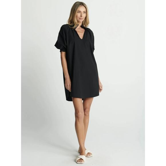 NWOT Sundays Spence Black Cotton Mini Dress Puff Sleeve V-Neck Shift Style Small - Picture 1 of 13